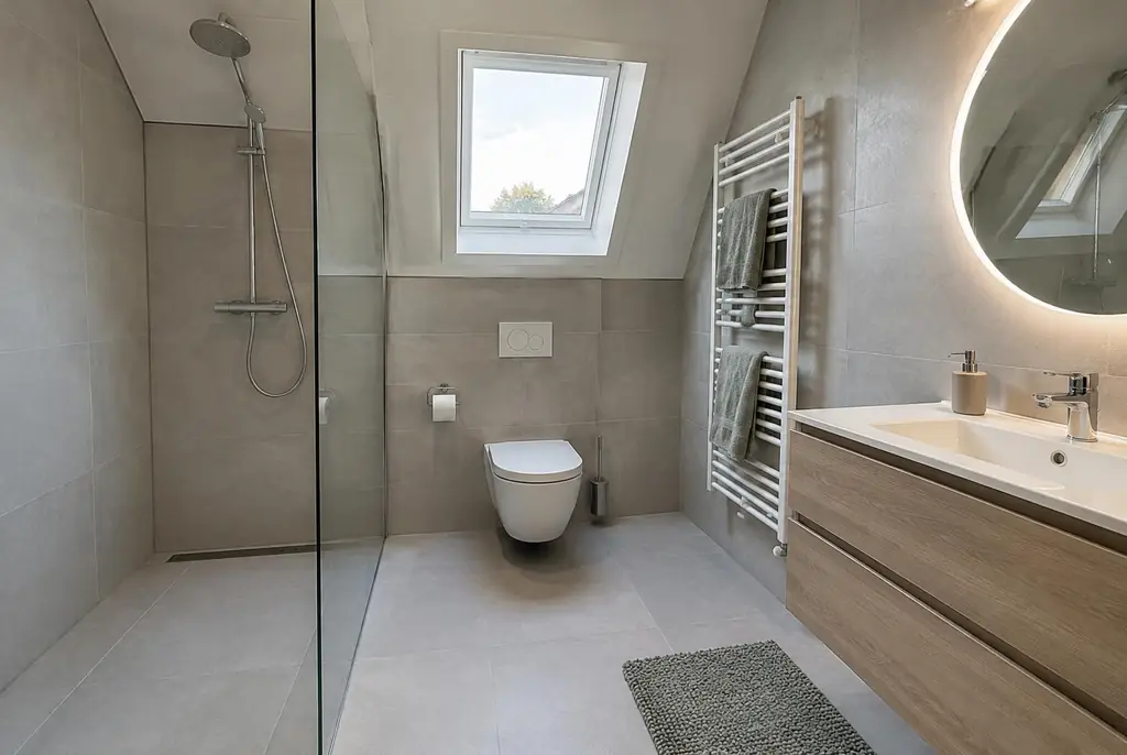 Lekdetectie Epe – droge badkamer met inloopdouche na herstel