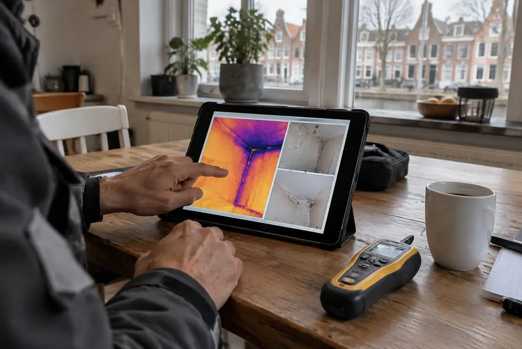 Lekdetectie Epe – lekdetectierapport met warmtebeelden en foto's op een tablet