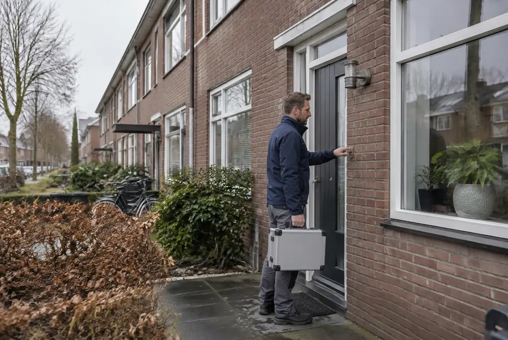 Lekdetectiespecialist met meetkoffer bij de voordeur van een woning in Epe